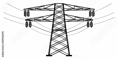 Illustration of a power line tower with insulators and cables against a white background in vector format