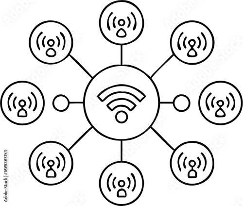 Vector illustration of a central wifi symbol connected to multiple user icons in a network configuration