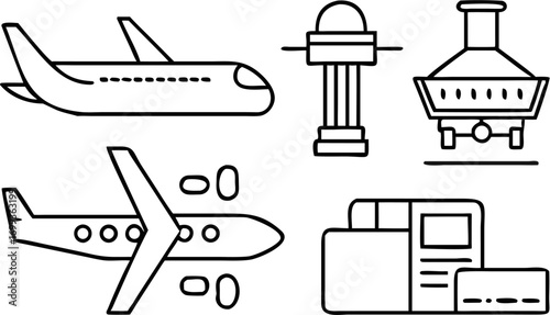 Vector outline drawing showing two airplanes control tower luggage carrier and boarding pass on a white background
