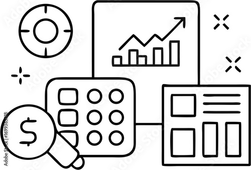 Vector illustration of a dashboard with target, dollar sign, graph, grid, and website layout in black and white