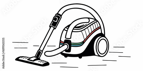 Illustration of a canister vacuum cleaner with a hose and cleaning head on a white background