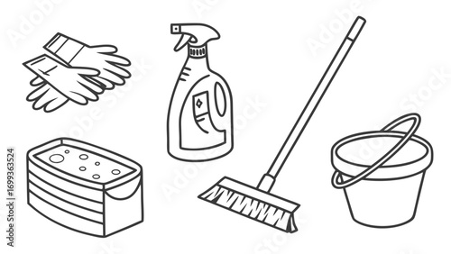 Illustration of cleaning supplies including gloves sponge spray bottle broom and bucket in black and white