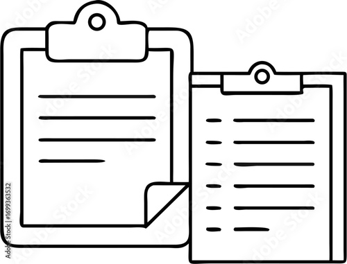 Vector a drawing of two clipboards with paper and lines indicating text or checklist items in black and white style