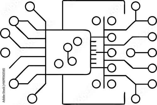 Vector illustration of a microchip with connected circuits and circular nodes in a minimalist black and white style