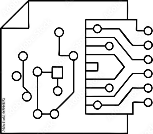 Vector illustration of a white document with a folded corner displaying a circuit board diagram in black lines