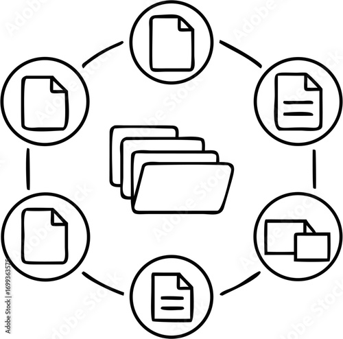 Vector black and white diagram featuring a central folder icon surrounded by document icons in circles connected by lines