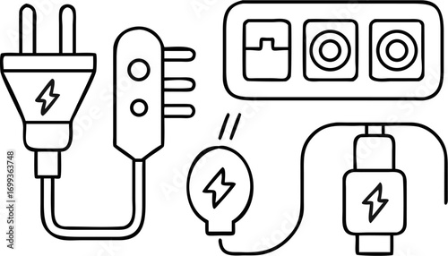 Vector illustration of electrical plugs and sockets with lightning bolt symbols in a line art style design