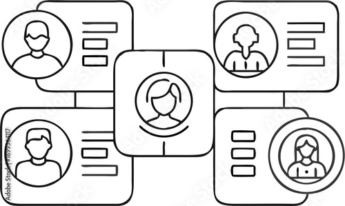 Vector illustration depicting a network of interconnected profile cards with different person icons and text boxes