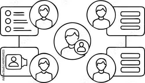 Vector illustration showing a network of people connected to data and video communication elements in black and white