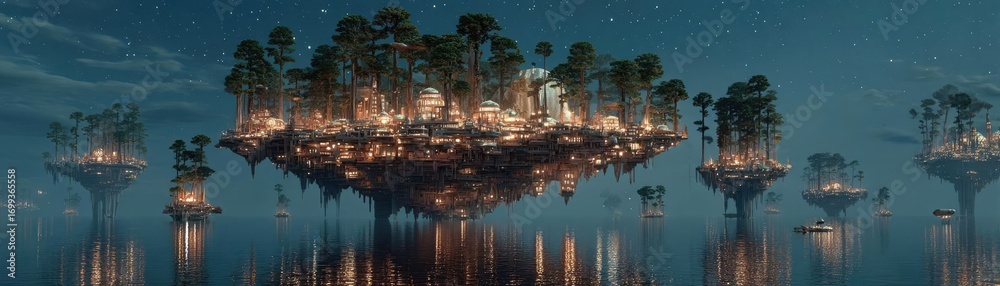 Fototapeta premium Tech-inspired plant growth illustration concept. Surreal floating islands adorned with lush trees and lights.