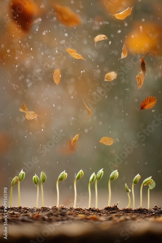 Young green sprouts growing amidst falling autumn leaves in a misty garden