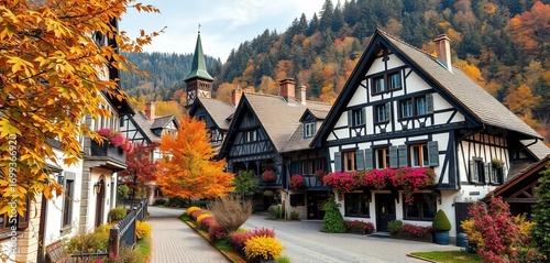Bavarian village scene, autumn foliage, traditional architecture, festival, design