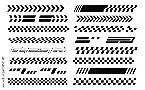 Geometric car side stripe graphics collection. Abstract vector decal elements for automotive livery, including checkered and arrow patterns. B.eps design