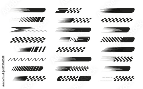 Collection of abstract speed stripes and checkered race flag graphics. Vector design elements for vehicle wraps and decals