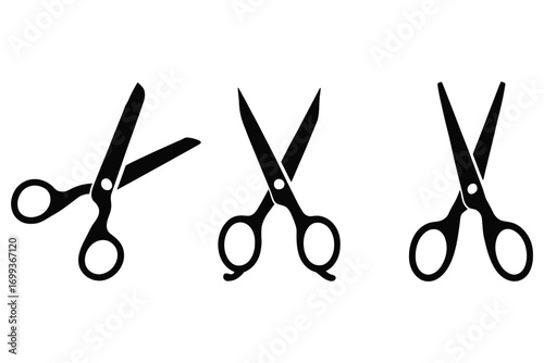 A collection of three black scissor icons shown in different stages from open to closed. Simple silhouette vector graphic set isolated on a white background for design projects
