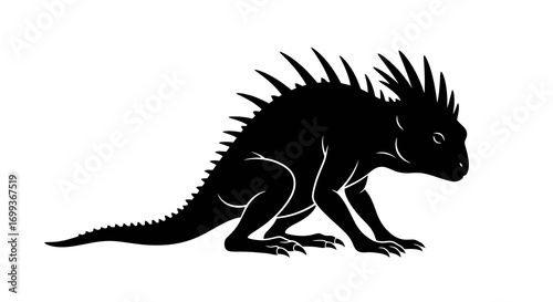 Black silhouette of a spiky lizard creature on white background