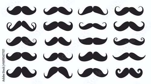 A comprehensive set of twenty different black silhouette mustache icons for graphic design projects. Vector illustration collection