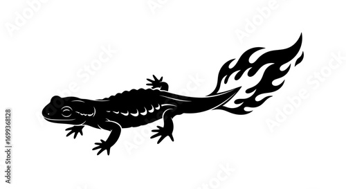 Black silhouette of a newt with a fiery tail