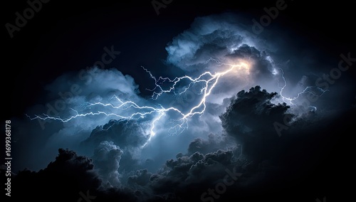 Dramatic lightning illuminates a dark, stormy sky filled with massive clouds.