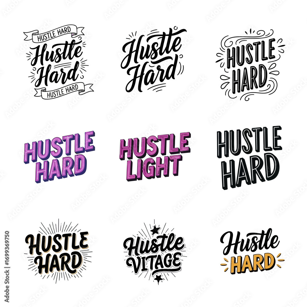 Fototapeta premium Inspiring 'Hustle Hard' typography designs and motivational quotes for ambitious entrepreneurs and go-getters seeking success