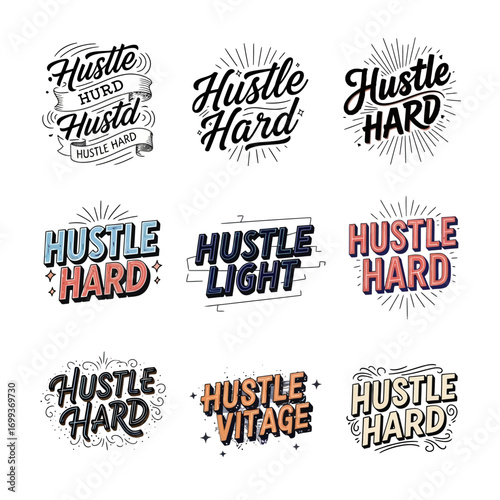 Inspiring 'Hustle Hard' typography designs to motivate ambition and drive success in modern business and lifestyle.