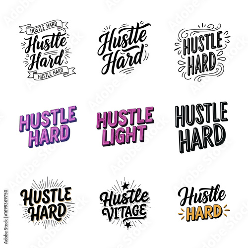 Inspiring 'Hustle Hard' typography designs and motivational quotes for ambitious entrepreneurs and go-getters seeking success