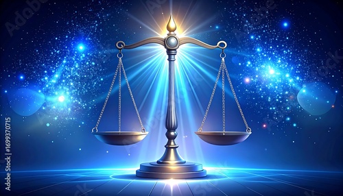 A stylized, illuminated balance scale radiates light against a cosmic background of stars and nebulas