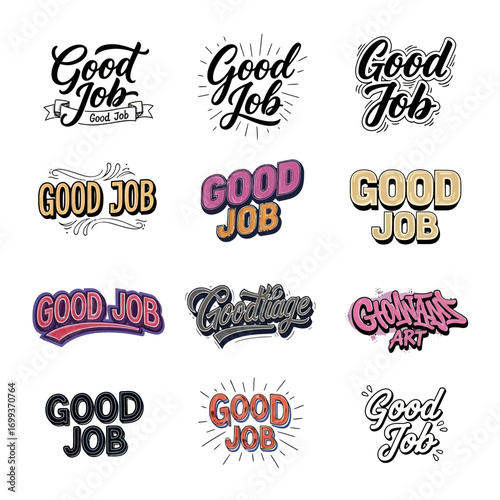 Celebrate achievements with vibrant 'Good Job' typography collections and motivational badges for recognition and praise