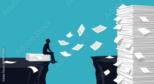 Overwhelmed professional facing massive paperwork challenges on cliff edge