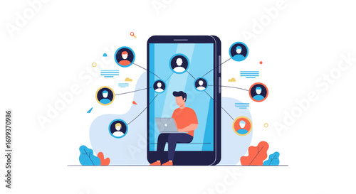 Connect globally with a digital network, person working on laptop in modern design