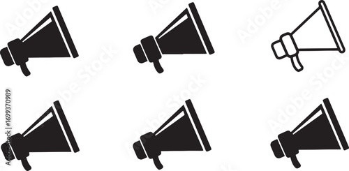 megaphone, bullhorn, speaker, announcement, sound, voice, alert, communication, symbol, icon, set, collection, black, outline, design, graphic, retro, vintage, old, loud, shout, protest, rally, inform