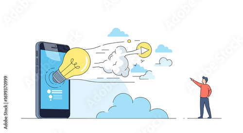 Man points to smartphone generating bright idea lightbulb, driving innovation and creative solutions forward.