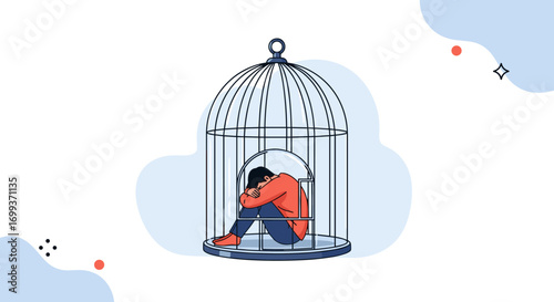 Man trapped in birdcage symbolizing isolation, mental health struggles, and confinement