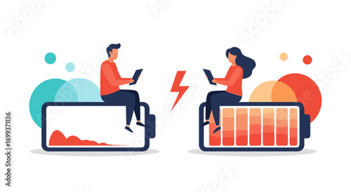 Modern professionals connect digitally, managing energy levels with battery indicators.