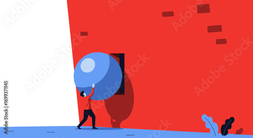 Determined individual struggles with enormous blue sphere against stark red wall in symbolic challenge