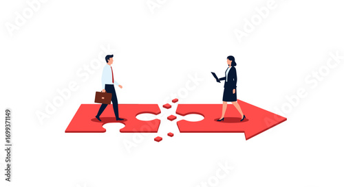 Business partners bridging a gap with puzzle pieces, symbolizing collaboration and overcoming challenges