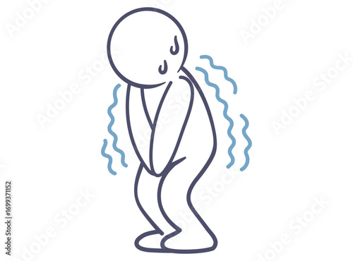 かがんだ姿勢で汗をかいて震えている人のイラスト