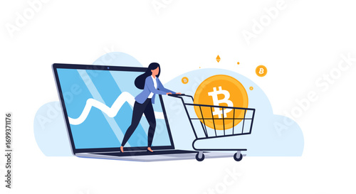 Woman pushing shopping cart from laptop screen towards Bitcoin, symbolizing online crypto commerce