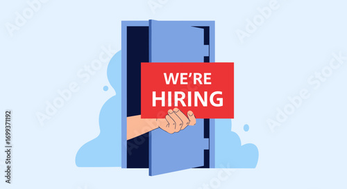 Open door reveals "We're Hiring" sign, inviting new talent and opportunities for growth