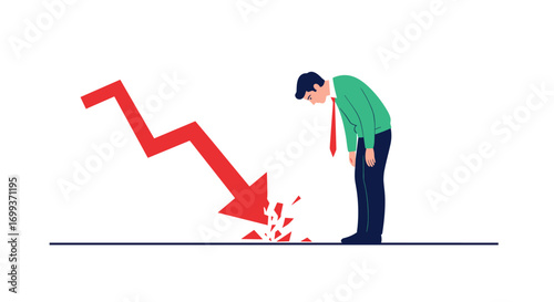Business downturn despair man watches graph crash, financial loss, economic crisis, recession risk