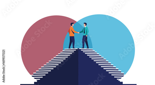 Business partners agree on a deal shaking hands atop ascending stairs reaching for success
