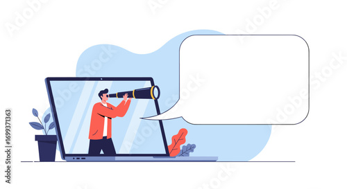 Man with telescope on laptop screen searches future opportunities with blank speech bubble for text