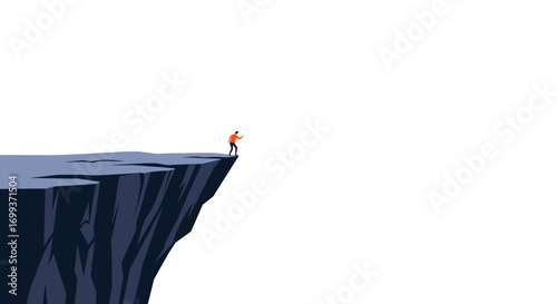Man stands at cliff edge contemplating a bold leap into the unknown future