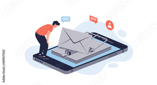 Man cautiously approaches smartphone email trap, digital danger awaits