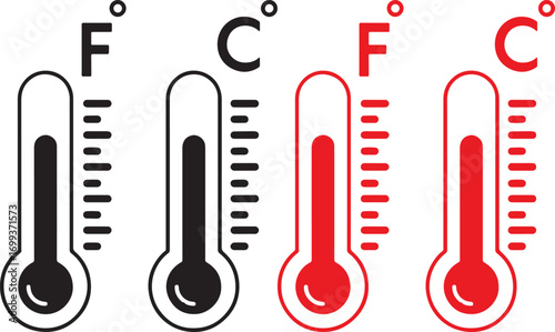 thermometer, temperature, measurement, scale, fahrenheit, celsius, f, c, degree, symbol, icon, black, red, white, graphic, design, science, weather, climate, heat, cold, hot, cool, indicator, liquid, 
