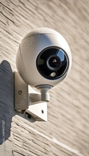 A close up of a white security camera mounted on a wooden wall providing home safety and surveillance