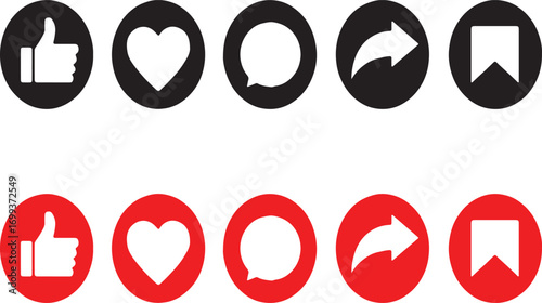 social media, icons, like, heart, comment, share, save, thumbs up, feedback, engagement, interaction, communication, digital, online, black, red, white background, isolated, vector, graphic, set, coll