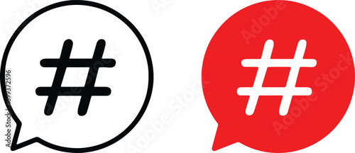hashtag, hash, pound sign, social media, icon, symbol, speech bubble, chat, message, communication, trending, popular, black, red, white background, isolated, vector, graphic, digital, online, convers