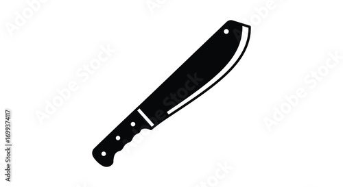 a sharp machete with black handle and curved blade