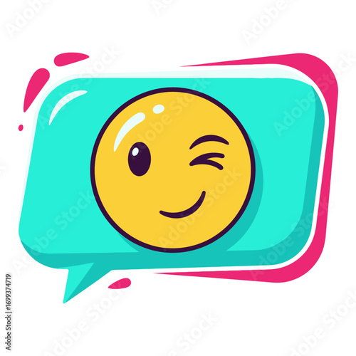 Cartoon Wink Emoji Chat Bubble Icon – Playful Message Vector
